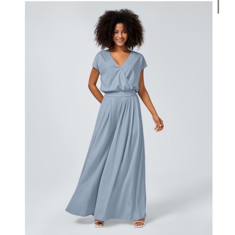 Halara Light Blue Wide Leg Wrap V-Neck Jumpsuit Small Cap Sleeve Palazzo PantS